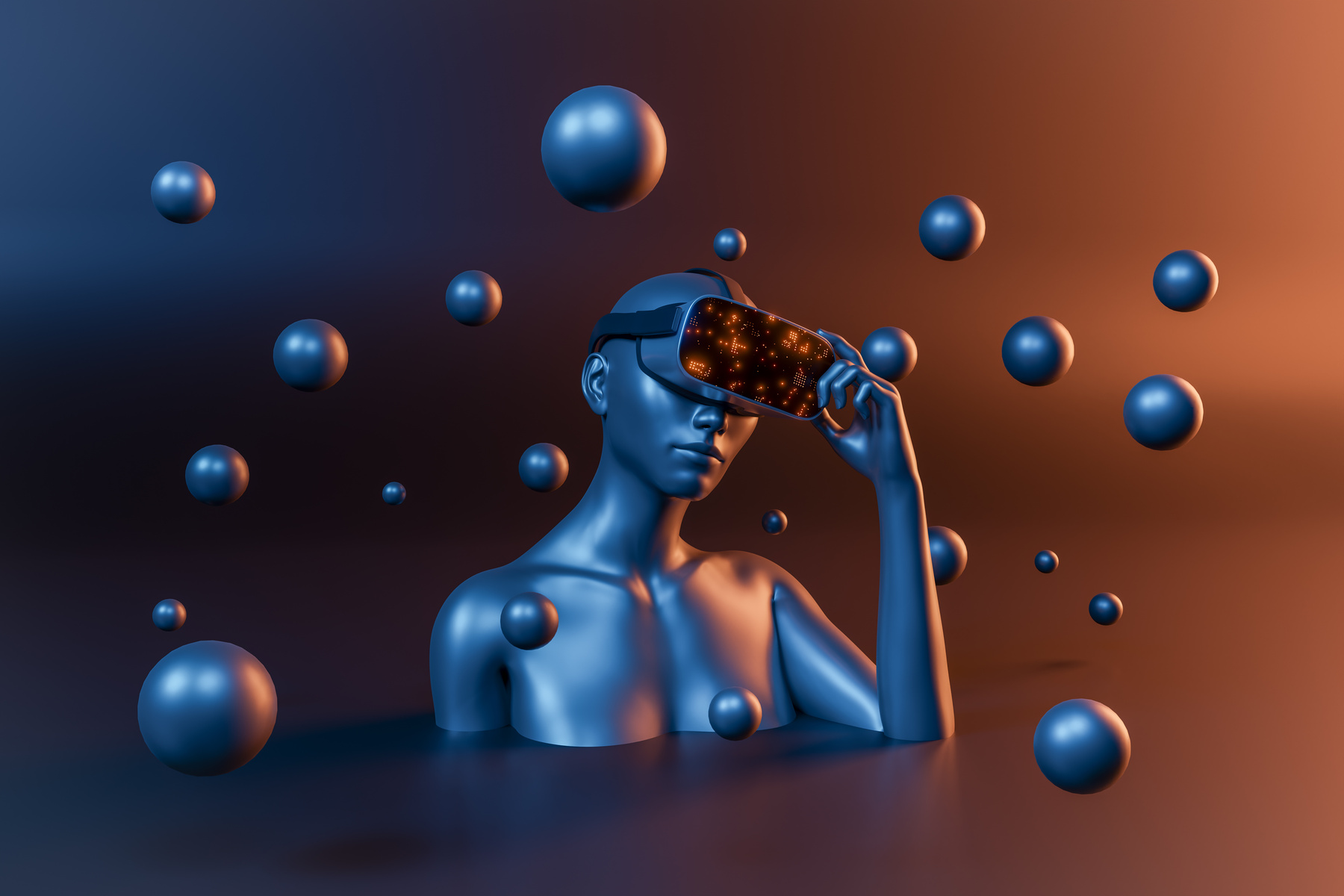 3d female bust with virtual reality goggles and spheres arou