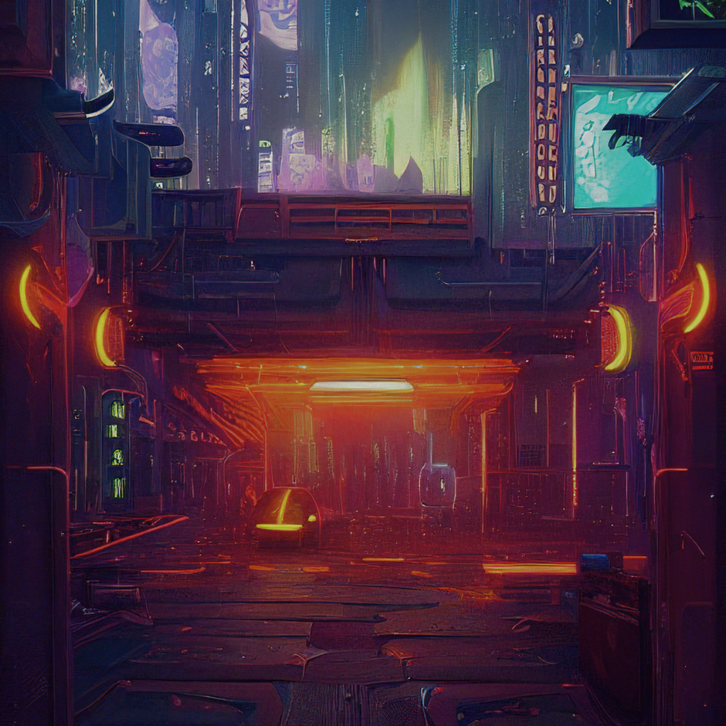 Cyberpunk dystopian cityscape, futuristic in a foggy neon city.